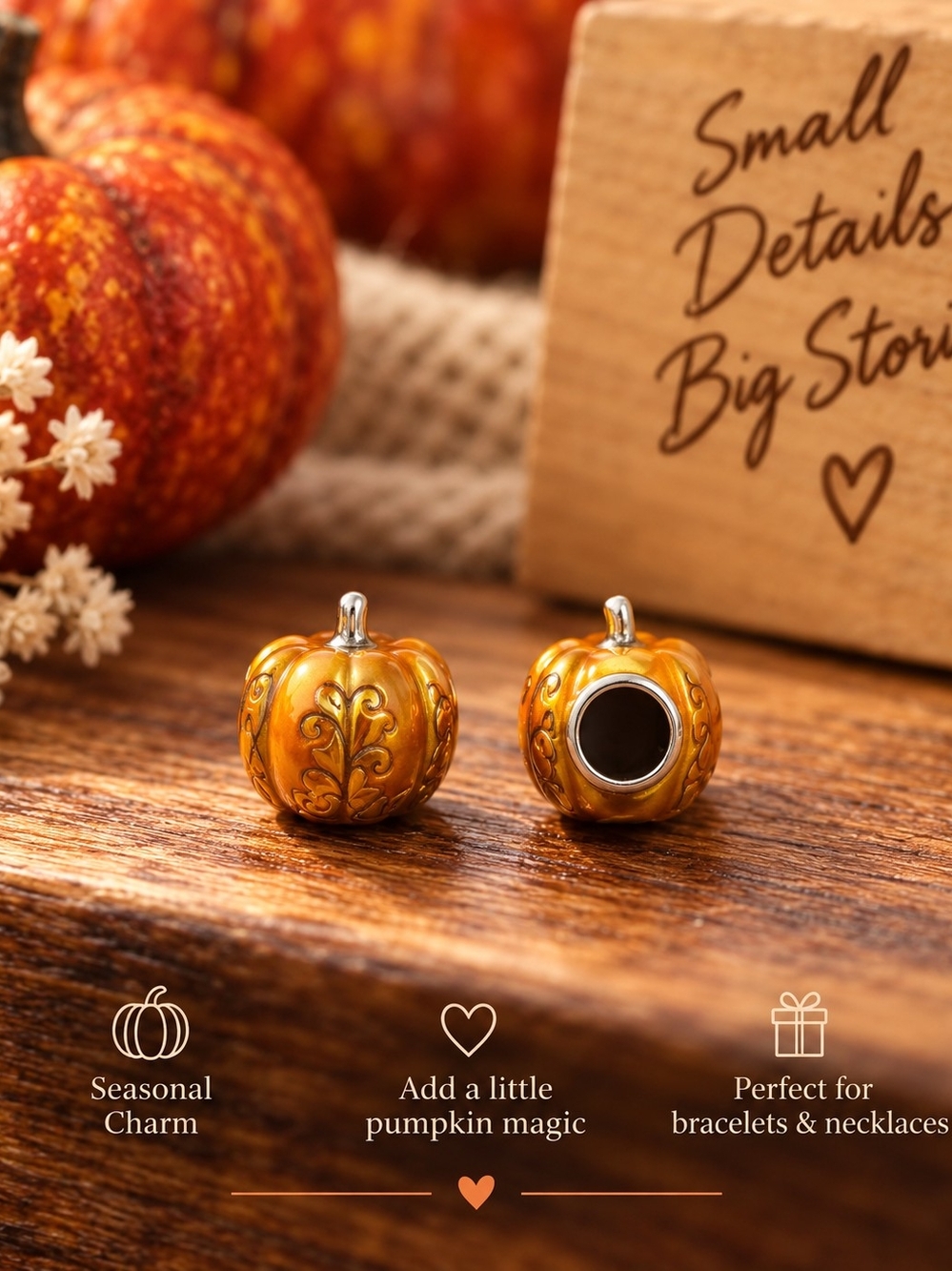 Seasonal Pandora-style Pumpkin Charm Bead - Gold Orange